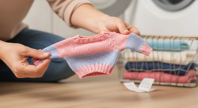 Manos de adulto sosteniendo una prenda de ropa infantil que claramente ha encogido, ilustrando el problema de por qué se encoge la ropa.