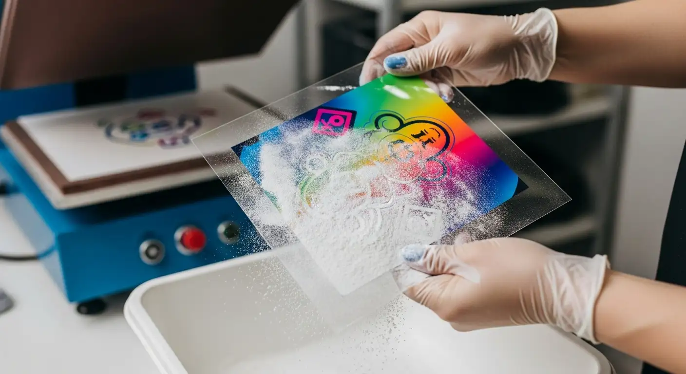 Proceso de aplicación de polvo de poliamida adhesivo sobre un diseño impreso en film, técnica para sublimación en algodón.