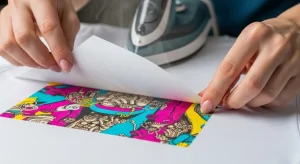 Proceso de sublimación en algodón revelando un diseño vibrante y detallado sobre una camiseta blanca.