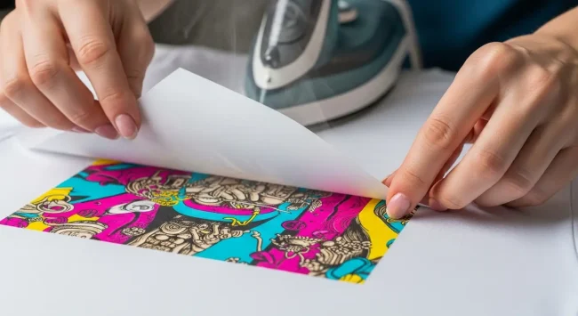 Proceso de sublimación en algodón revelando un diseño vibrante y detallado sobre una camiseta blanca.