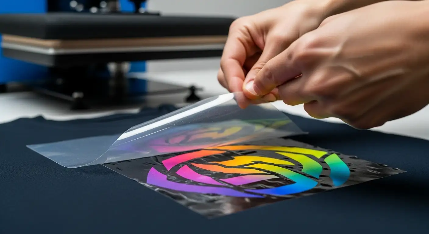 Proceso de aplicación de un vinilo textil sublimable ya estampado sobre una camiseta de algodón oscura.