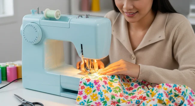 Persona sonriendo mientras aprende a usar una máquina de coser con tela colorida, superando el miedo inicial.