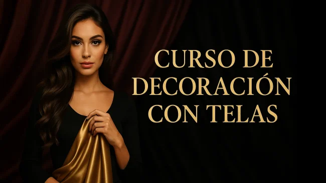 Miniatura premium oscura con modelo femenina muy atractiva sosteniendo tela dorada y texto “Curso de Decoración con Telas”.