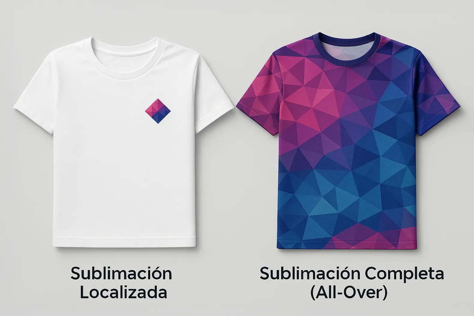 Tipos de Cobertura en Sublimación: Localizada vs. Completa Gráfico comparativo que muestra la diferencia entre sublimación localizada (un logo en una camiseta) y sublimación completa (una camiseta con un patrón total).