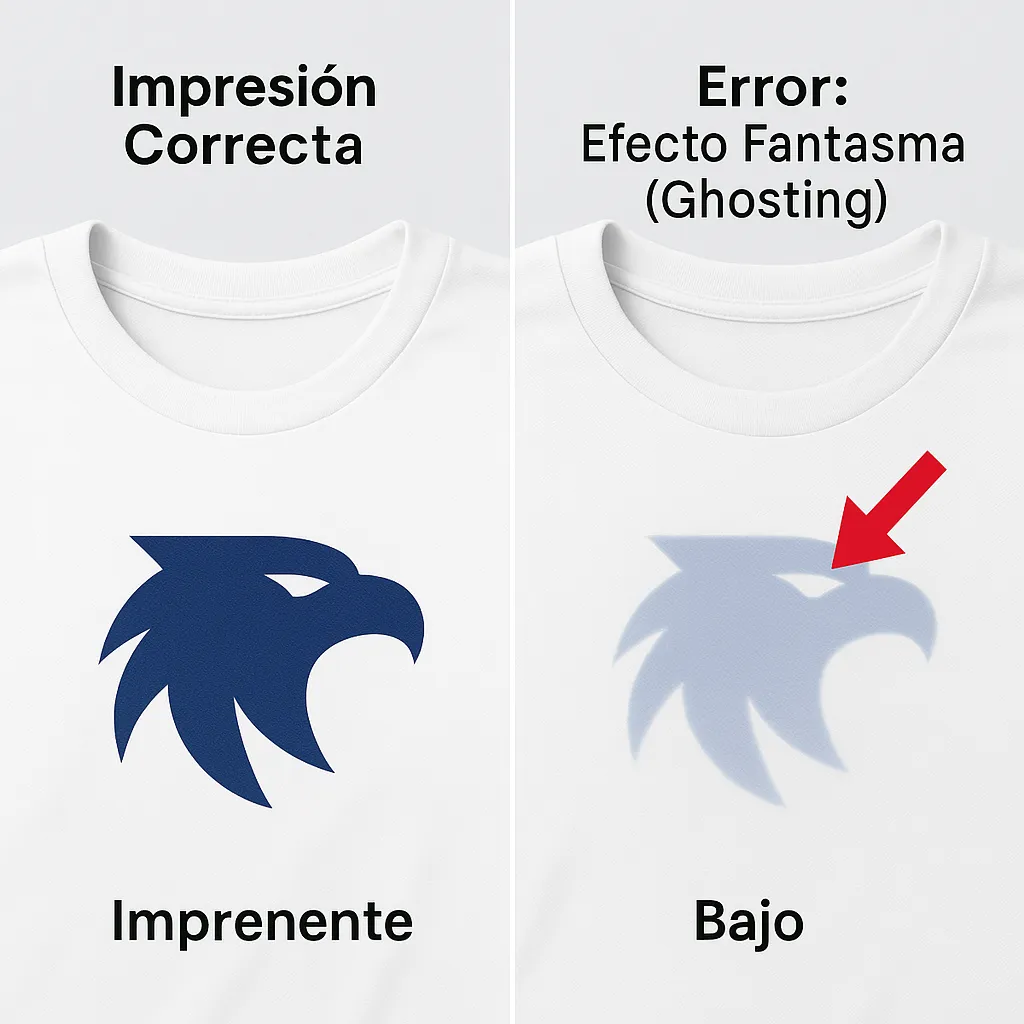 Cómo Identificar y Evitar el Ghosting en Sublimación Comparación visual de una impresión por sublimación correcta frente a una con el error de efecto fantasma o ghosting, que muestra una imagen doble.
