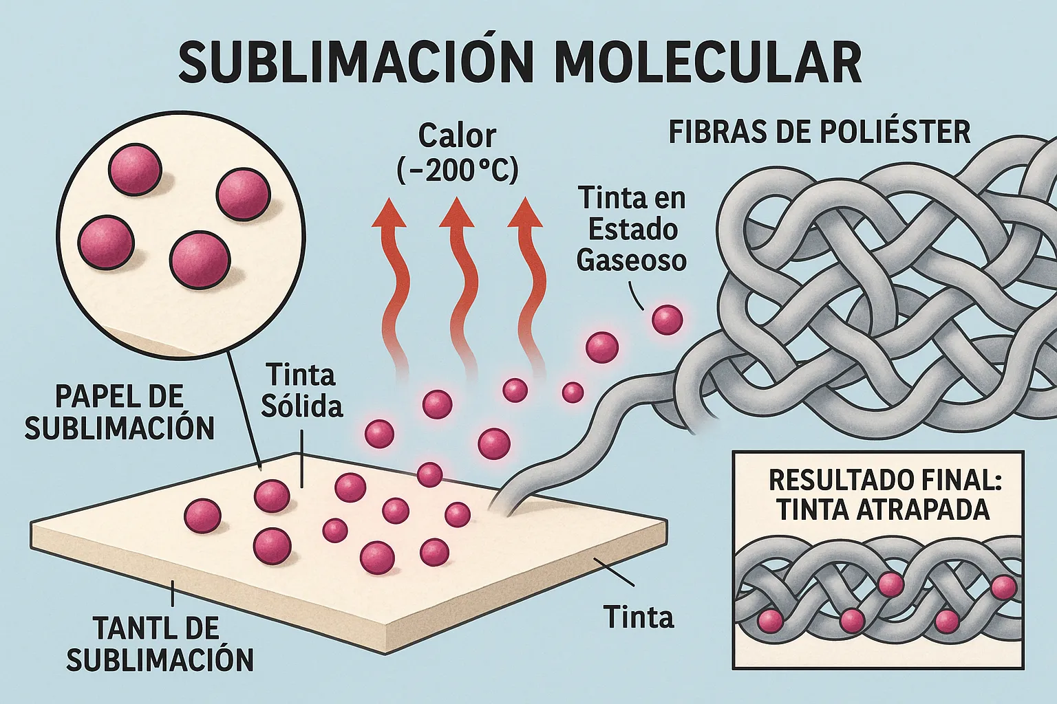 Mecanismo Molecular de la Sublimación Textil Ilustración científica del proceso de sublimación a nivel molecular, mostrando cómo la tinta sólida se convierte en gas y se fusiona con las fibras de poliéster.