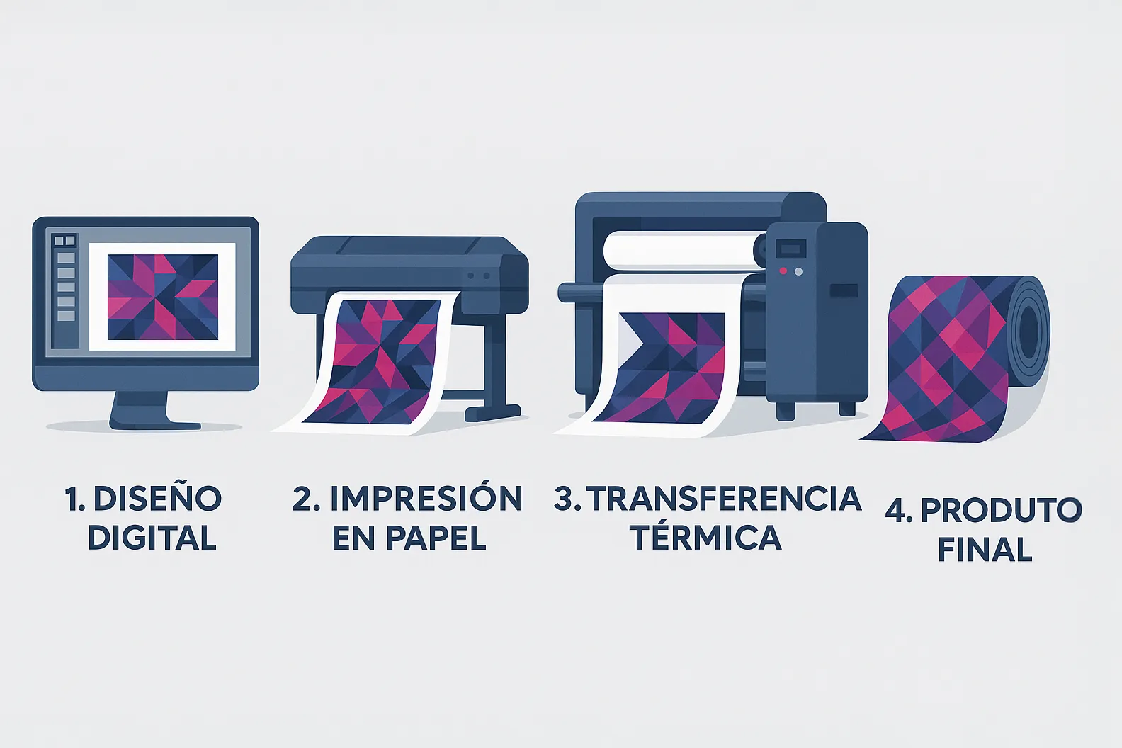 Pasos del Proceso de Impresión por Sublimación Infografía que muestra los 4 pasos del proceso de sublimación: diseño digital, impresión en papel, transferencia térmica con calandra, y el producto final en un rollo de tela.