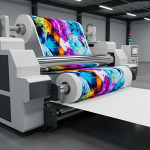 Vista amplia de una calandra de sublimación industrial en una fábrica moderna, procesando un rollo de tela de poliéster con un diseño de colores vivos a gran formato.