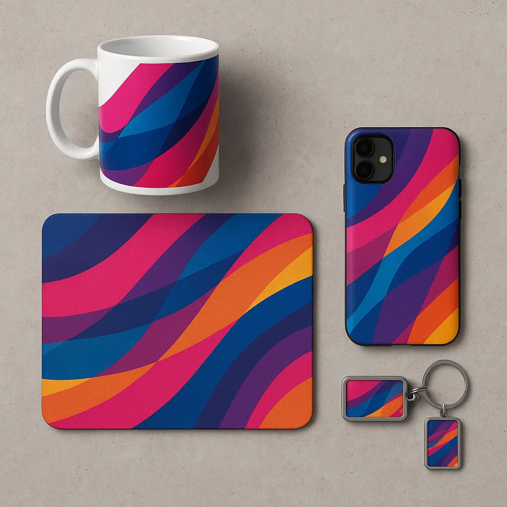 Versatilidad de la Sublimación en Artículos Promocionales Conjunto de productos promocionales sublimados, incluyendo una taza, alfombrilla de ratón, funda de móvil y llavero, todos con un diseño de marca coherente.