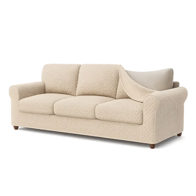 Forro elástico para sofá, parcialmente levantado para mostrar que es removible; categoría telas para forrar muebles