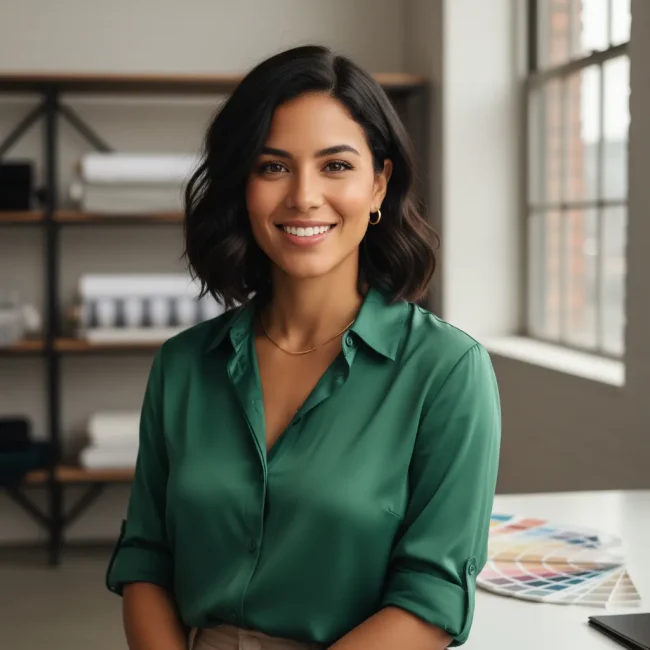 Laura G., una joven emprendedora de moda, sonríe con confianza en su estudio creativo, representando el éxito logrado con la calidad de sublimación de Textti.