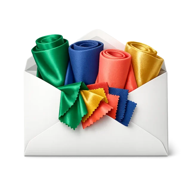 Sobre abierto con rollos y muestras de telas coloridas saliendo, representando ofertas exclusivas por correo de Textti