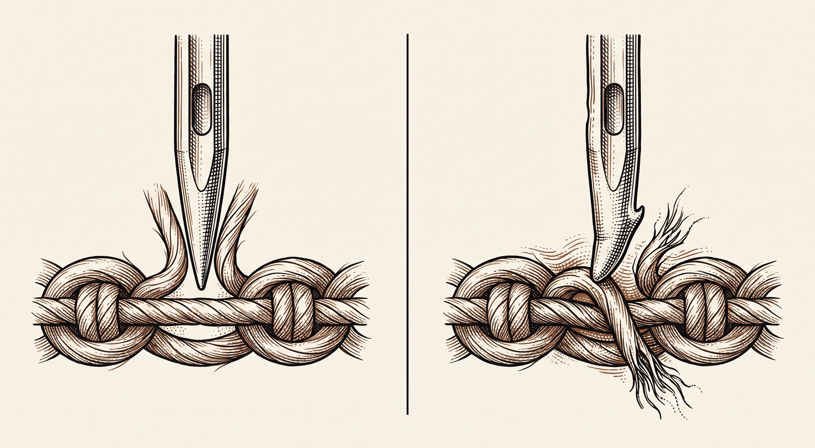 Dos puntas de aguja al mismo aumento entrando en la misma tela: la nueva, lisa y afilada, pasa entre los hilos sin moverlos; la gastada, roma y con una rebaba torcida, arrastra un hilo, lo deshilacha y frunce la tela alrededor.