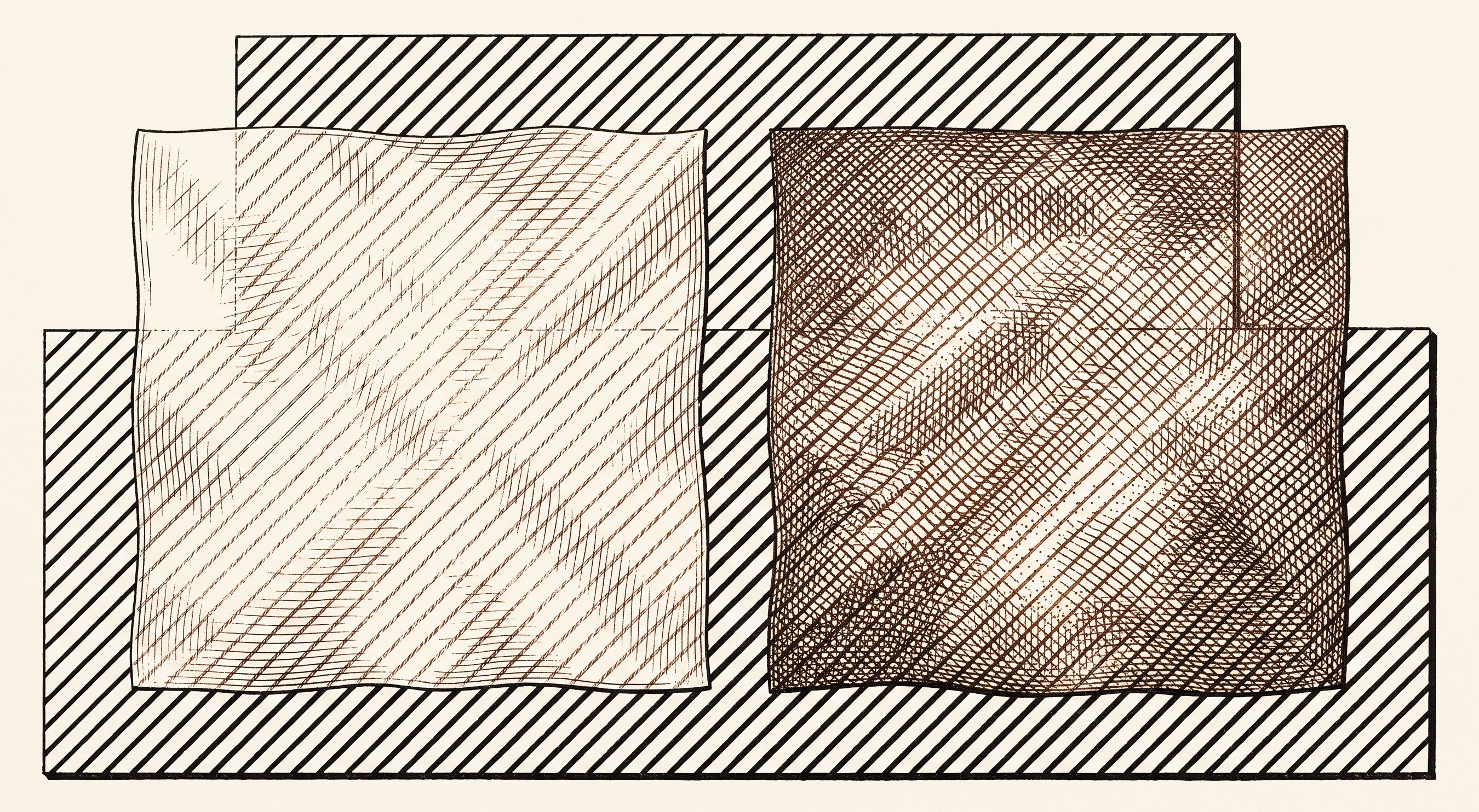 Dos cuadros de tela sobre una hoja con líneas diagonales: en el de tela fina las líneas se ven veladas a través; en el de tela gruesa, del mismo tejido, las líneas desaparecen.