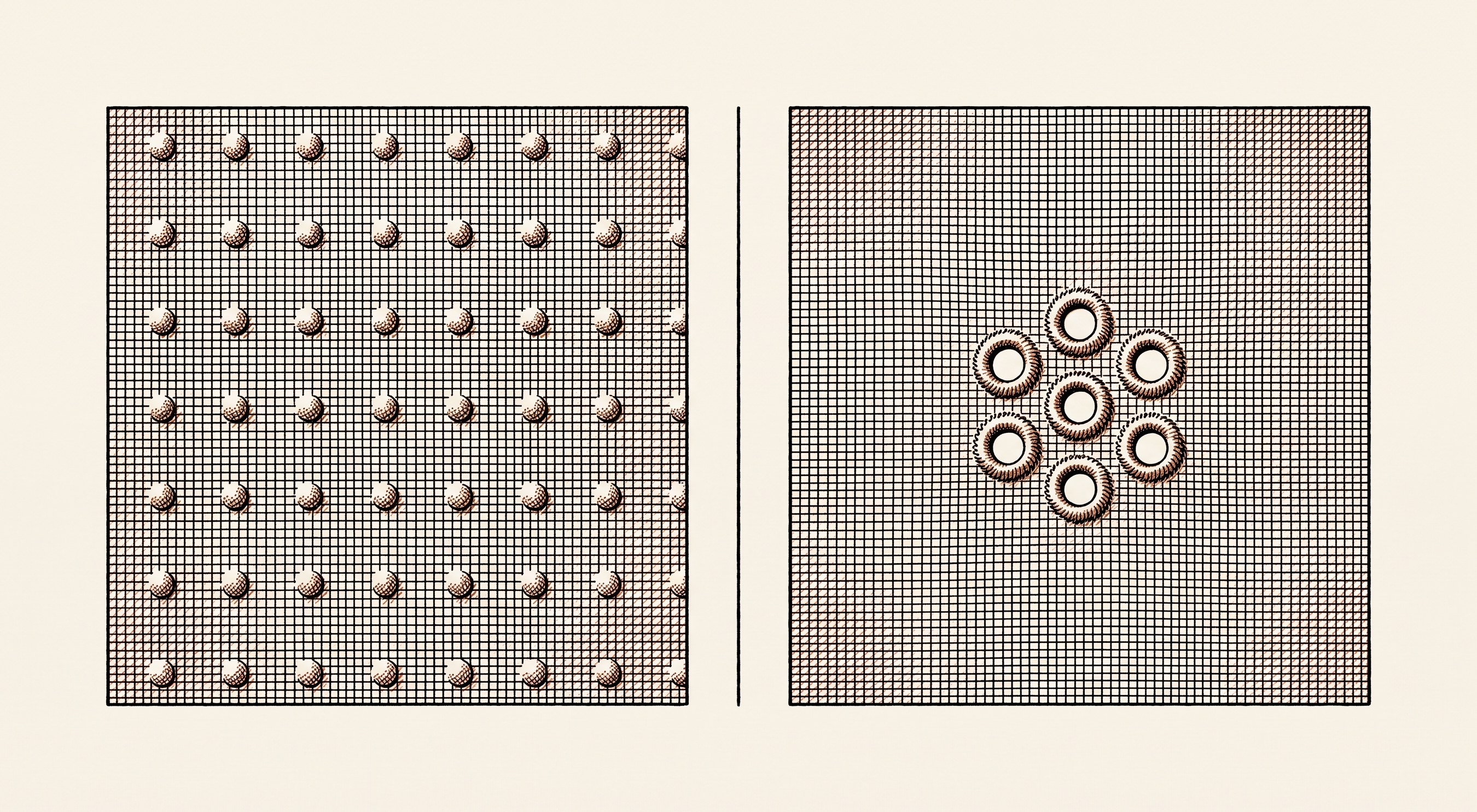 Dos cuadros de la misma tela fina: uno con una retícula de puntos en relieve (plumeti) y otro con un racimo de ojetes bordados con el borde en relieve (bordado inglés).