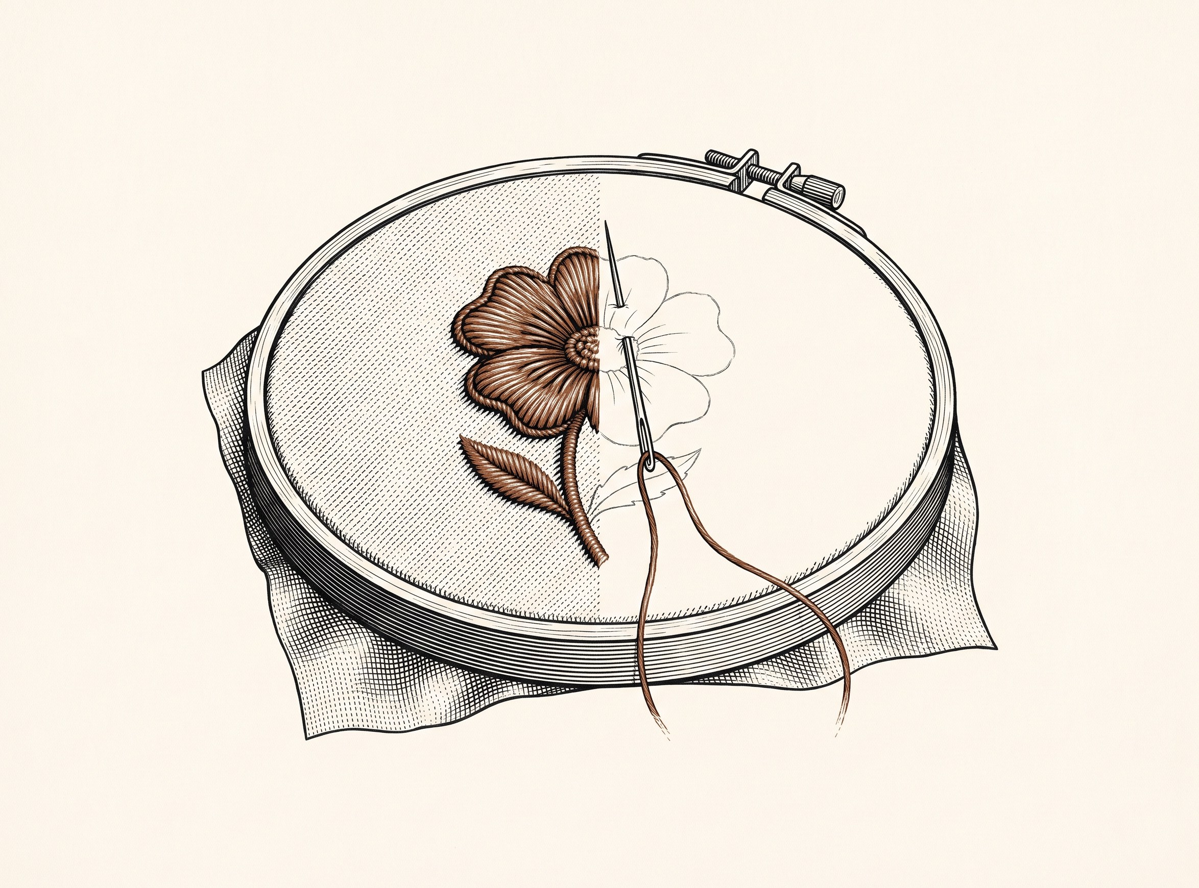 Un bastidor redondo con la tela tensa y una flor a medio bordar: la mitad izquierda tiene los pétalos rellenos de puntadas que levantan del paño, y la mitad derecha es todavía el trazo desnudo sobre la tela. Entre las dos mitades sale la aguja enhebrada.