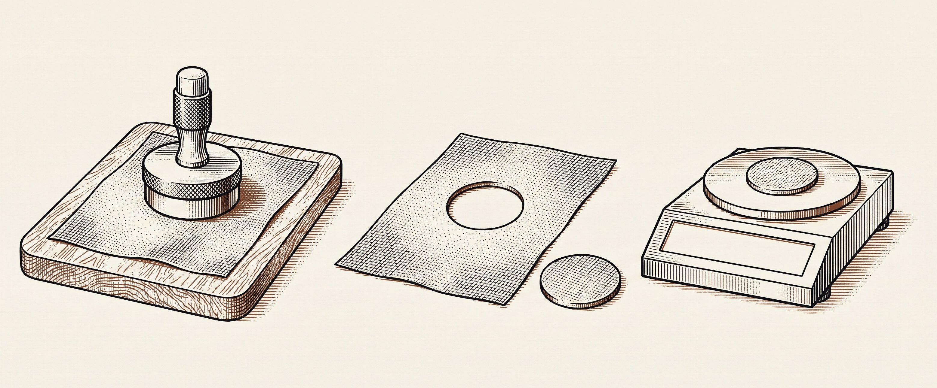 Los tres pasos de la medicion, de izquierda a derecha: un cortador circular apoyado sobre la tela, la tela con el agujero y el disco recortado al lado, y ese mismo disco solo en el plato de una balanza de precision.